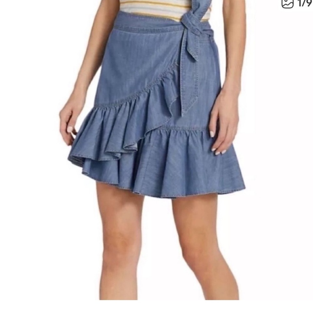 NWT Veronica Beard Memphis Ruffled Chambray Mini Skirt in Yale Blue Size 10